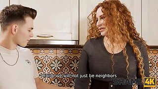 Shame4k. red haired with Curly Hair gives new neighbor pie and a blow-job