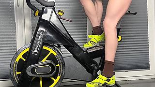 A Sporty Girl Does a Bike Workout Without Panties. Tired, She Goes to the Shower to Squirt