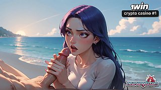 A muscled guy and a purple-haired sweetie in a black bathing suit ravage on an ocean wave - xxx XXX porn!