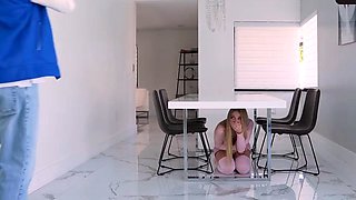Young boy glimpses through door gap at a stellar woman