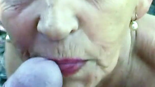 Skinny granny goes for a walk with her step grandson and fucks in the bushes