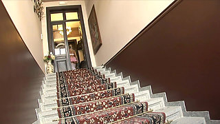 Super hot blonde teen gets the chance to suck two cocks and get in this college