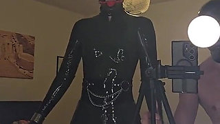 Gagged Latex Slave Girl Walks in Pony Heels and Ballet Boots on Treadmill and Gets an Orgasm at the End and a Cumshot on Her Fac