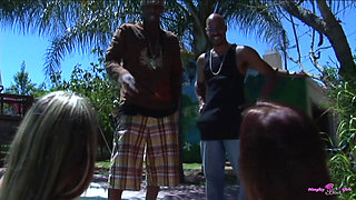 Two Big Tits Girlfriends Chill by the Pool and Then Deepthroat Two Big Black Cocks.