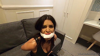 Sexy Latina Tied up and Cleave Gagged Wearing Latex and High Heels!
