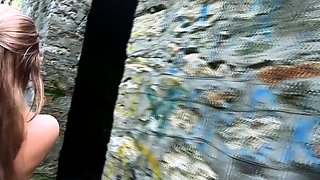 Exhibitionist Blonde Teen Walks Through Abandoned Buildings