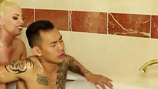 Wonderful blonde babe gets slammed by an asian guy