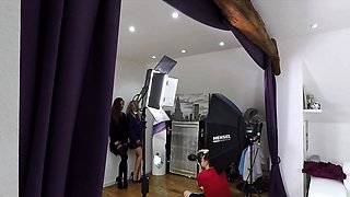 Sexy schoolgirls in uniform masturbate together on the couch