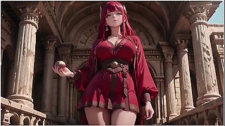 Red-haired Priestesss Forbidden Bath Ancient Stone Corridors Dappled With Light She Lounges In A Circular Pool Overflowing With Liquid