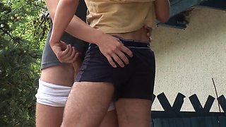 Sexy Blonde and Brunette Pair Bareback Each Others Big Cocks While Sucking Outdoors