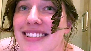 Busty curly brunette with big boobs fucks on couch
