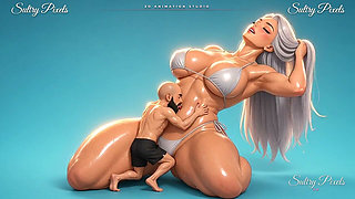 Tiny Man Pulls the Bikini String of a Kneeling Anime Giantess and Dives Into Her Belly