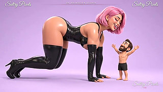 Pink-haired Latex Mistress Crawls Down for a Long Kiss with Her Tiny Man