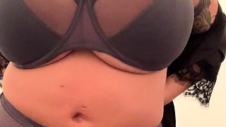 Busty curly brunette with big boobs fucks on couch