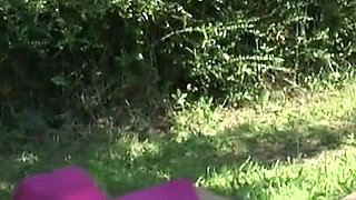 Milf gangbanged with two old perverts outdoor