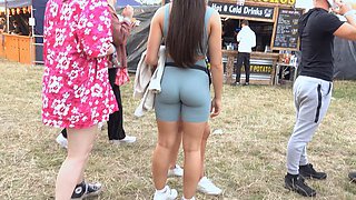 perfect sexy brunette round booty grey spandex outfit