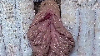 White Lace Stockings & Gloves Masturbation Orgasm - Riding Huge Dildo Orgasm