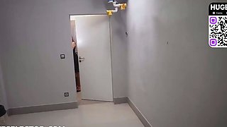 Two youthful office girls give a molten oral job to his