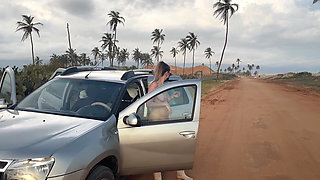 Naked Busty Blonde Walks by Car on Public Road