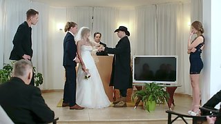 Young bloke fucks the bride on her wedding day and comes in her cunt