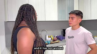 Nasty ebony BBW fools around with young hunk while her hubby is away