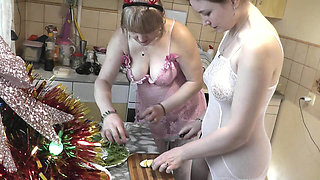 Old and young. Mature MILF and cute teenager girl without panties and bra in kitchen Blonde and Brunette Lesbian Bisexual Fetish