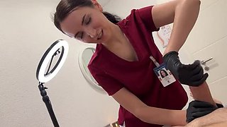Hot nurse gives handjob with latex gloves and takes cock deep in throat