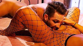 Fishnet lady pounded by horny fucker in wet pussy hole