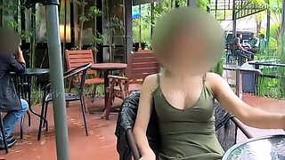 Public flashing in the cafe without panties.