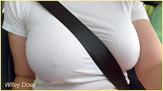 Wifey with perfect braless tits flashing in the car