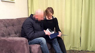 Russian teen gives blowjob and gets shaved pussy rammed hard