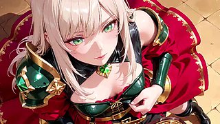 Blonde Hentai Knight Lounges Teasingly in Red and Green Armor as Her Silver-Haired Partner Kneels to