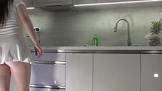 Big Tits Big Ass Hot and Cute Beautiful New Wife Takes Her G-string off to Flash Her Tight Shaved Pussy in the Kitchen