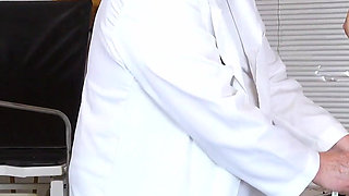 Two perverted doctors examine aroused cunt of young blonde Cayla Lyons