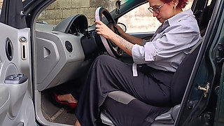 Secretary Gets Excited in Her Car by Pumping Pedals and Ends up with a Big Squirt From Masturbation