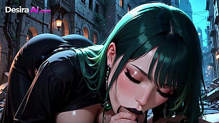 3D Goth Babe Bare on Rubble, Fingers Trace Her Naked Skin in Neon Apocalypse AI Generated
