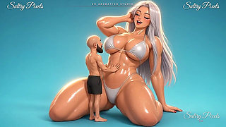 Kneeling Anime Giantess Bounces While Her Tiny Man Kisses Her Oiled Belly