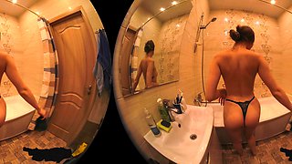 Amateur busty brunette masturbates and does hand job