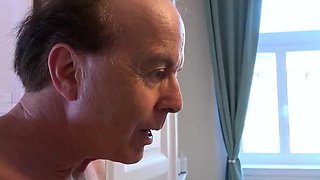 Tight teen in white lingerie seducing a gross old man