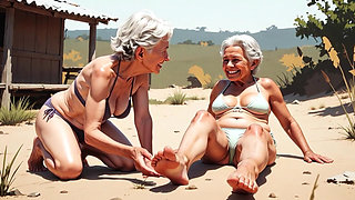Two Skinny 90 Year Old Grannies - One Licks the Other's Feet in Humiliation