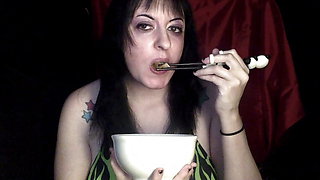 Dumb bitch eats dumplings and masturbates