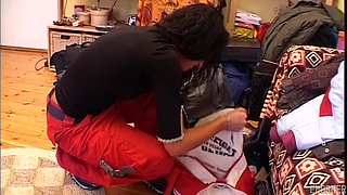 Skinny brunette captivates with sultry, vintage uniform allure