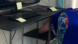 Stepmom gets stuck in a desk and stepson fucks her