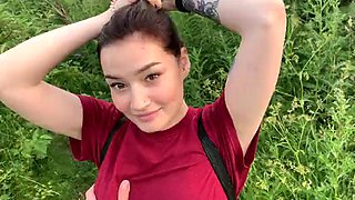 Outdoor public blowjob with creampie from a shy girl in the bushes - Olivia Moore