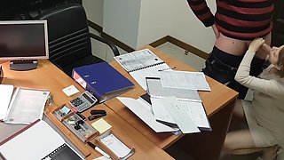 Hot office secretary sucks and rides her boss on the desk