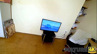 Mature4k. female over fifty in stocking takes salary in form of cock