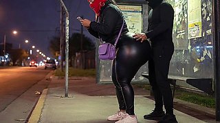 Enormous Rump Latina in Taut Leather Trousers at Bus Stop Peels off to Black Leather G-string
