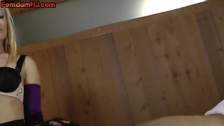 Blond hair babe femme gives handjob to lucky guy
