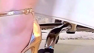 MILF Sexy Feet Red Toenails Golden Sandals High Heels Teasin