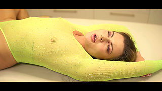 Luxury Kitchen Sex Teasing in Green Mesh, Rough Table Fucking & Messy Facial